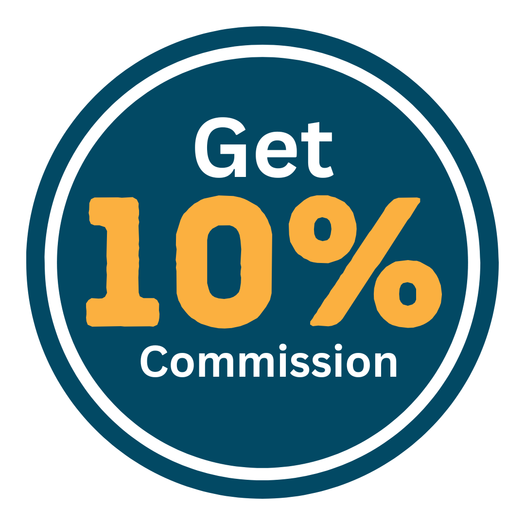 Circular badge with text "Get 10% Commission" in blue and orange colors.