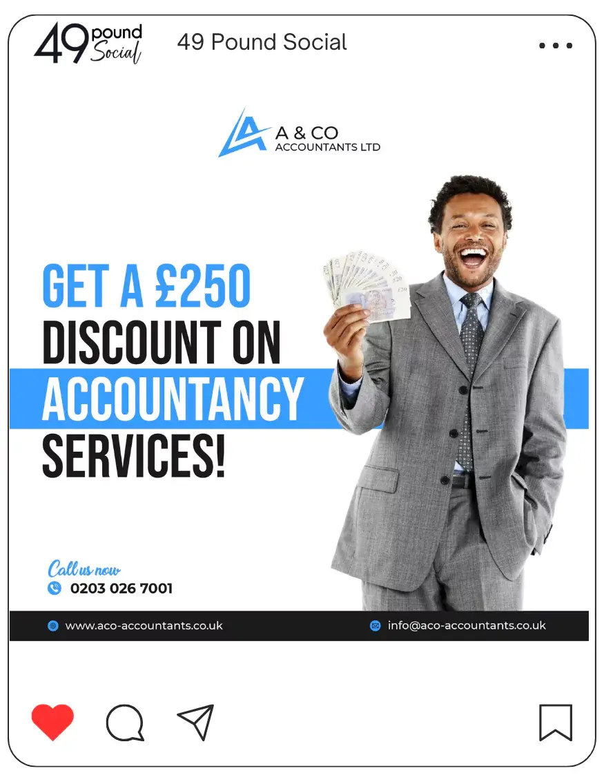 A promotional image showing a coupon for a £20 discount on accounting services. Save money on co - get accounting services.