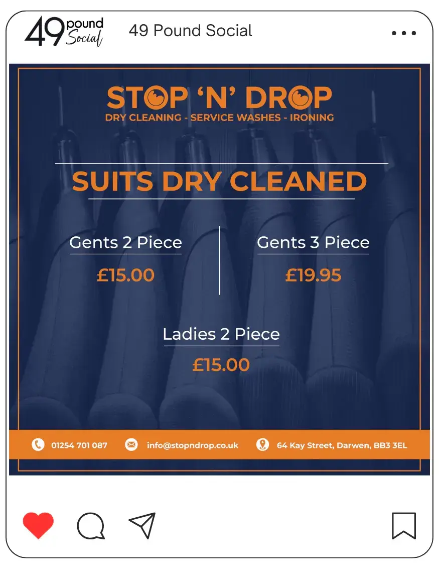 A social media post showcasing a laundrette's dry cleaning service, offering convenience and quality garment care.