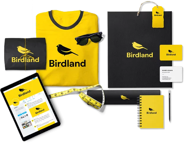 Birdland stationary branding logo with a bird silhouette and vibrant colors, representing the brand's identity.