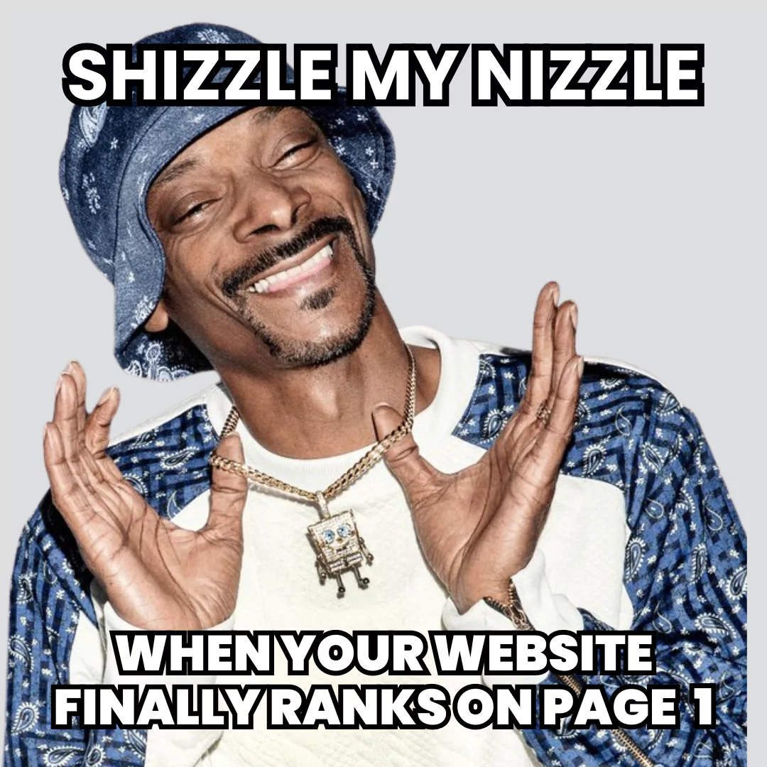 A person with hands up in celebration, text "When your website finally ranks on page 1."