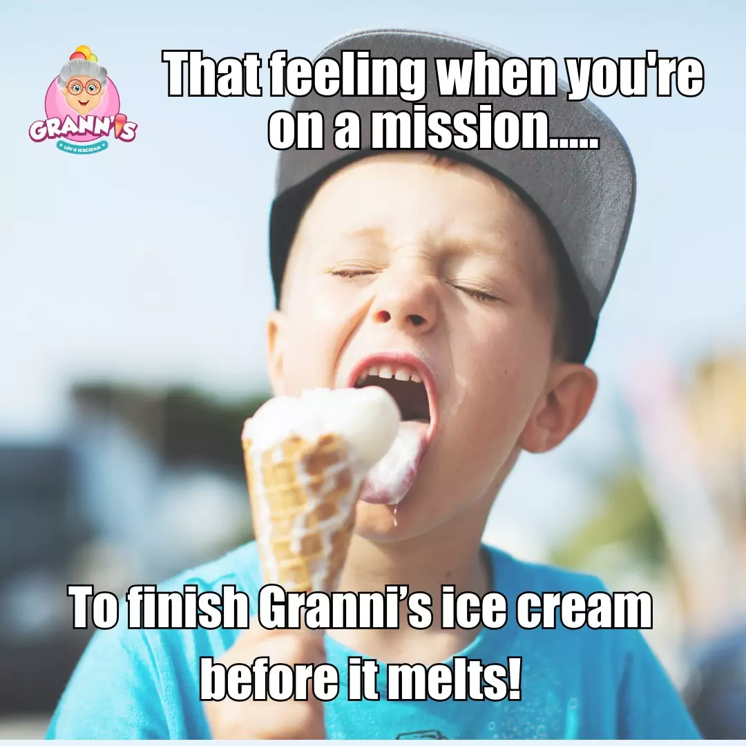 Child holding an ice cream cone with a humorous caption about eating it quickly.