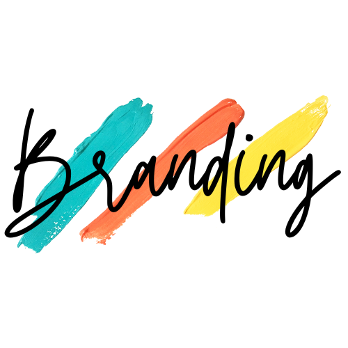 "Text 'Branding' with brush strokes in blue, orange, and yellow"