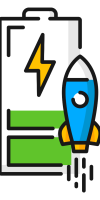 Icon of a battery with a bolt and a rocket, indicating fast charging or boost concept.